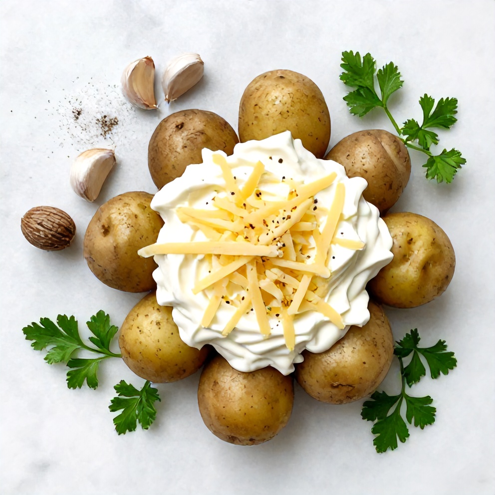 Raw ingredients for creamy potato gratin arranged in an overhead flat lay