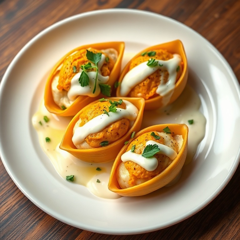 Perfectly plated Creamy Pumpkin Stuffed Shells with Goat Cheese. Garnished with fresh herbs and a drizzle of cream sauce. Served on a white ceramic plate.