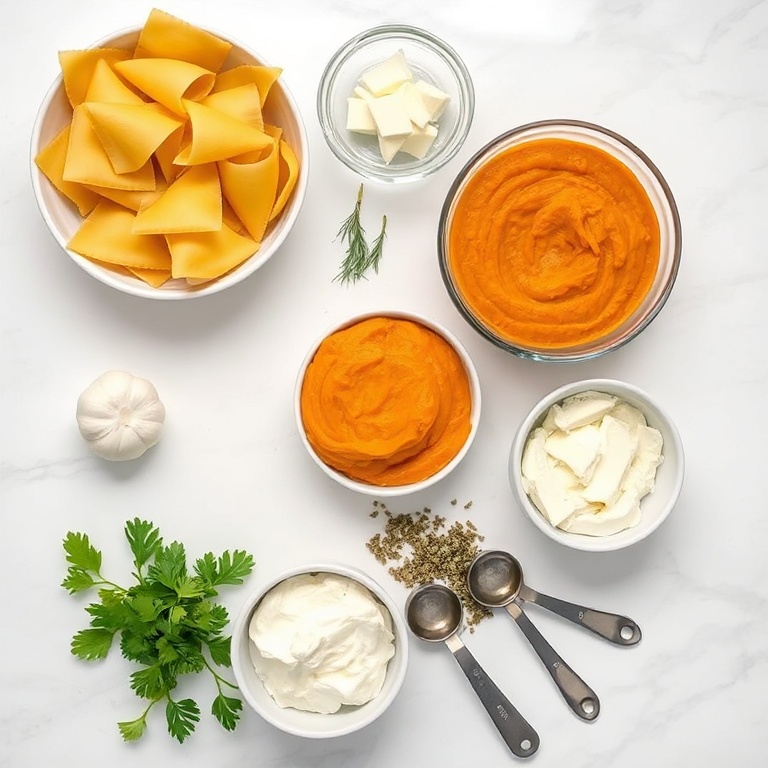 All raw ingredients for Creamy Pumpkin Stuffed Shells with Goat Cheese. Fresh pasta shells, pumpkin puree, goat cheese, garlic, and herbs arranged in an overhead flat lay.