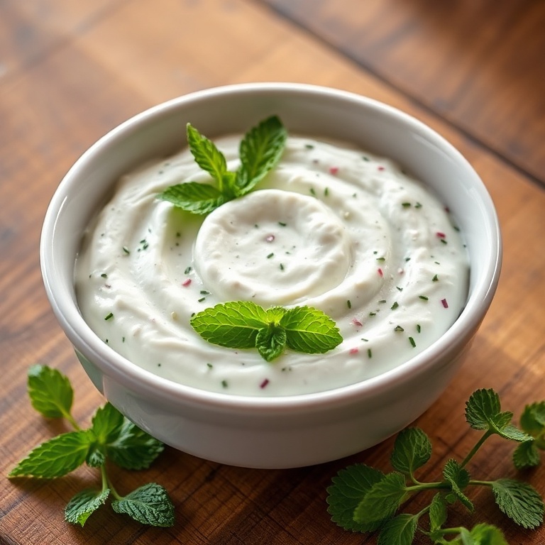 Radish tzatziki dip in a white ceramic bowl with mint garnish on a wooden table