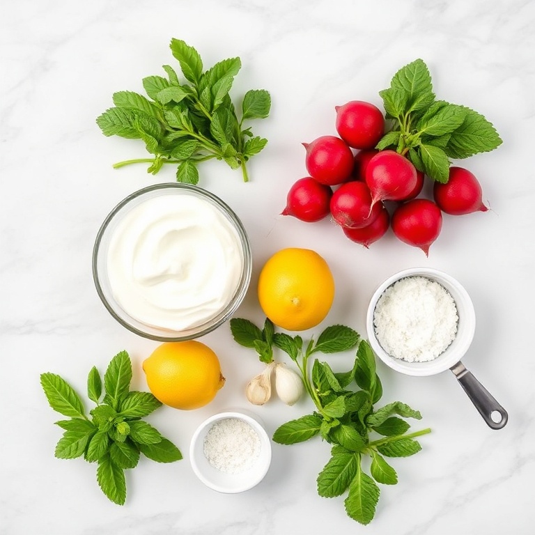 Radishes, Greek yogurt, mint, garlic, lemon, and salt arranged on a white marble counter