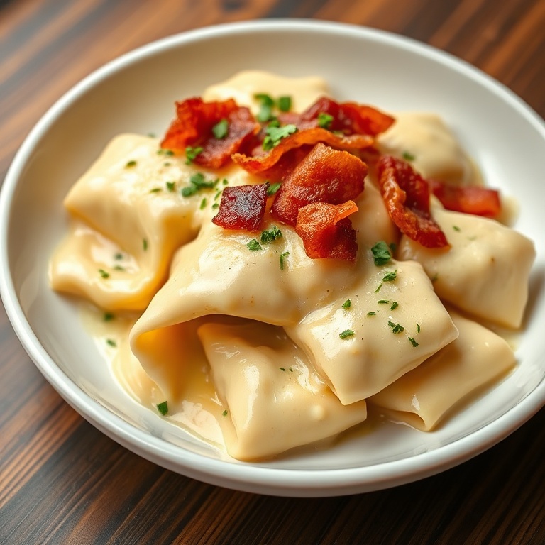 Plated creamy ravioli carbonara topped with crispy bacon and chopped parsley in a shallow white bowl, sauce glistening warmly
