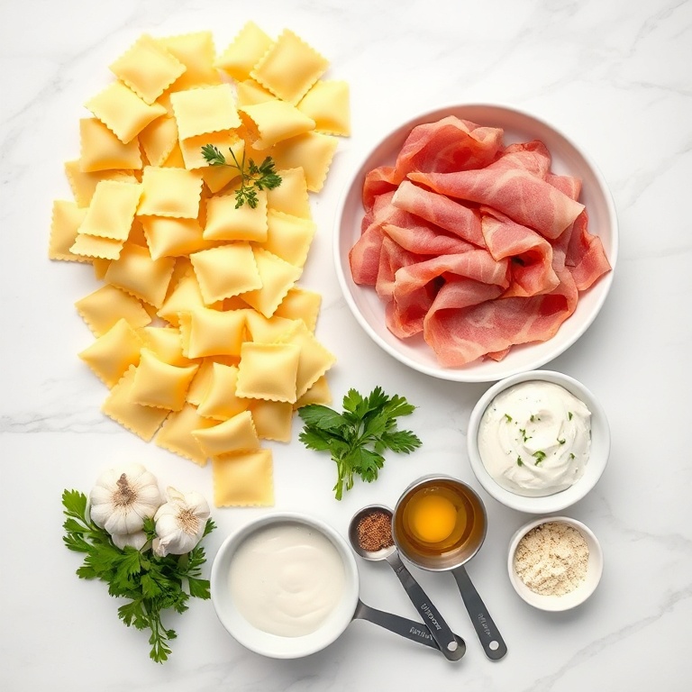 Raw cheese ravioli, thick cut bacon, heavy cream, parmesan, garlic, eggs, in prep bowls with measuring spoons on marble surface