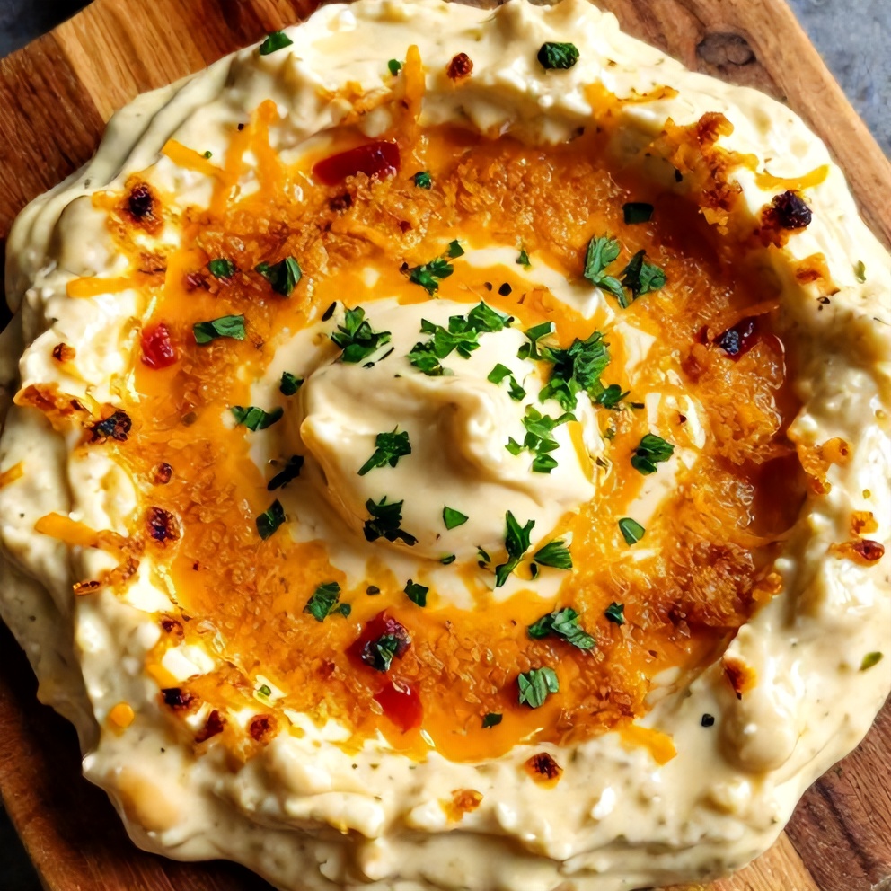 One perfect serving of Creamy Roasted Red Pepper and Garlic Dip on a rustic wooden board, garnished with chopped parsley