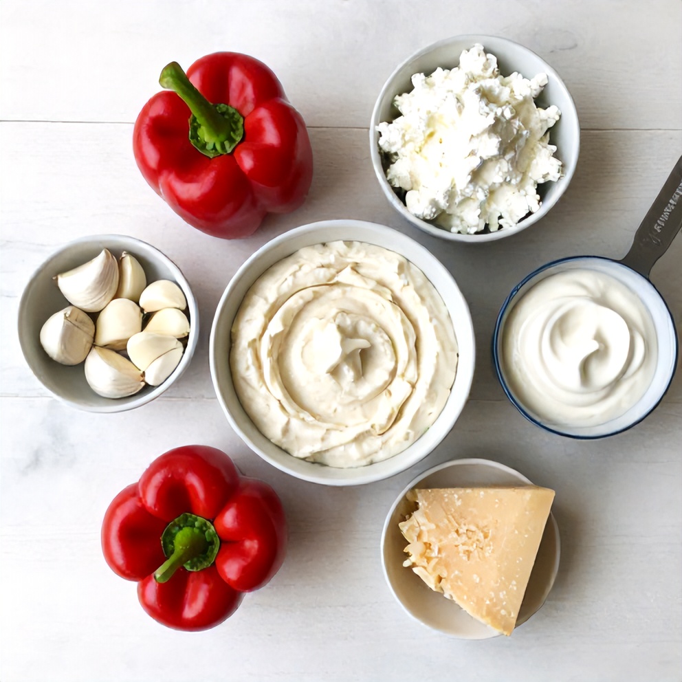 Overhead flat lay of red bell peppers, garlic, cream cheese, sour cream, and Parmesan cheese, with measuring spoons and bowls visible