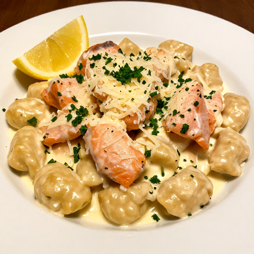 Plated creamy smoked salmon gnocchi with fresh parsley