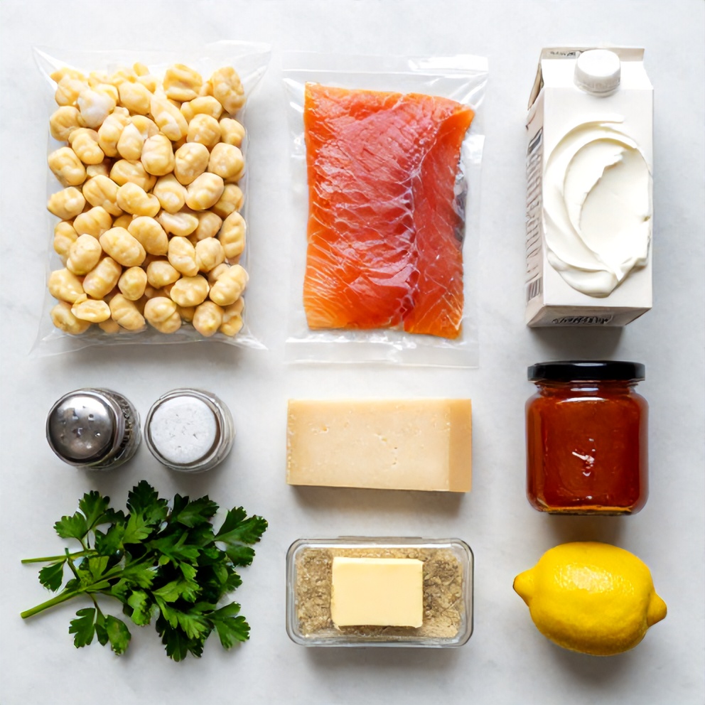 Raw ingredients for creamy smoked salmon gnocchi laid out