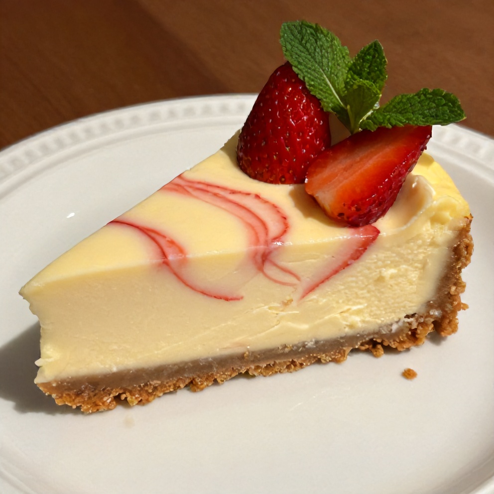Sliced creamy strawberry swirl cheesecake on a plate