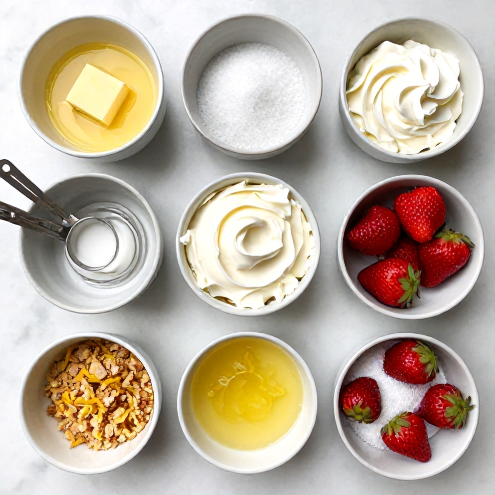 Ingredients for Creamy Strawberry Swirl Cheesecake on a marble surface