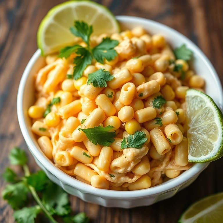Creamy street corn pasta salad in a white bowl with fresh cilantro and lime wedges.