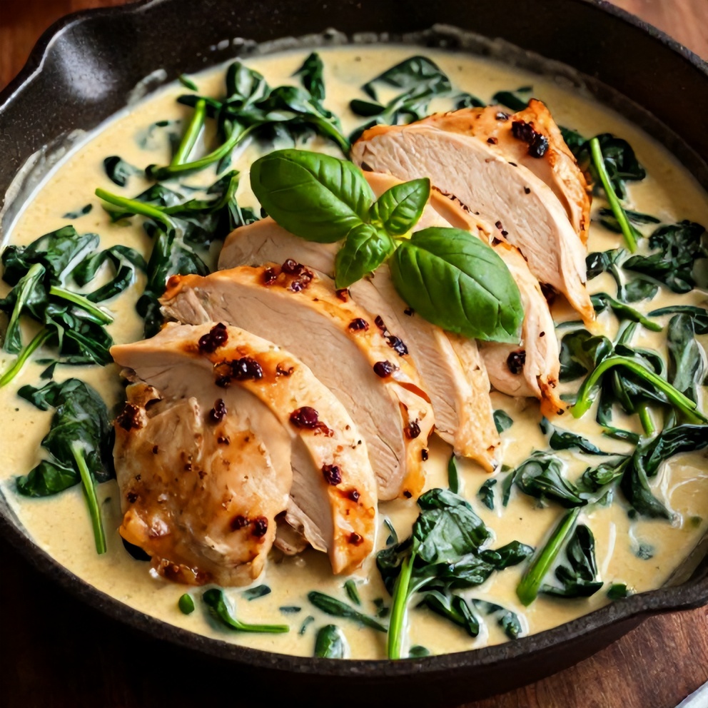 Plated serving of Creamy Sun-Dried Tomato Chicken Skillet with Spinach