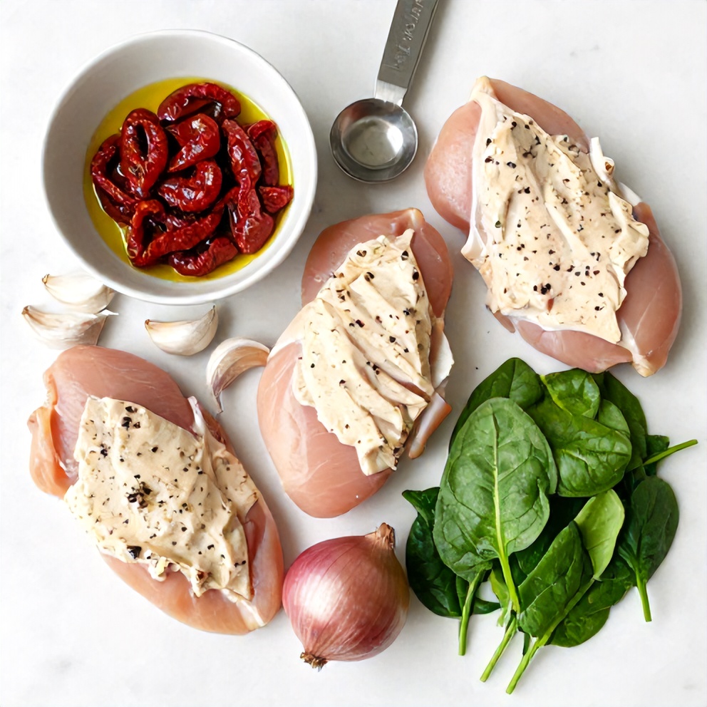 Raw ingredients for Creamy Sun-Dried Tomato Chicken Skillet with Spinach