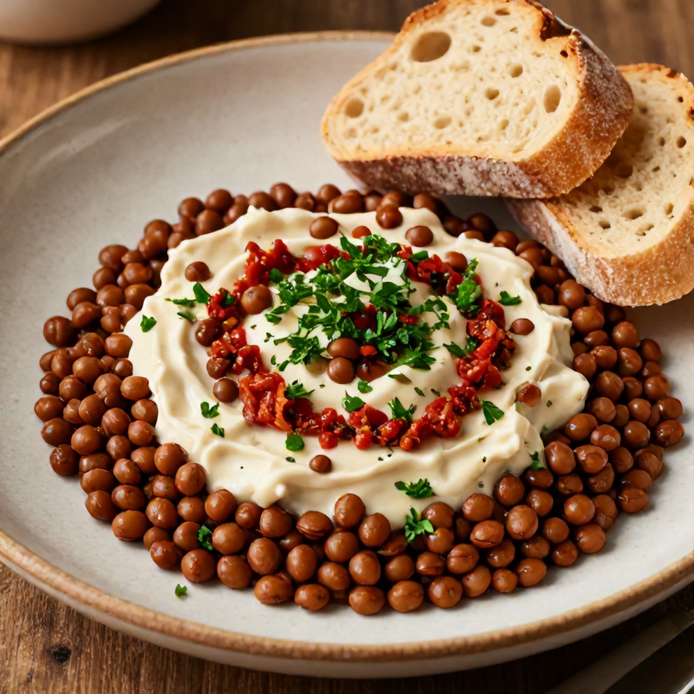 A bowl of Creamy Sundried Tomato Lentils garnished with fresh parsley, served on a rustic plate with a side of crusty bread