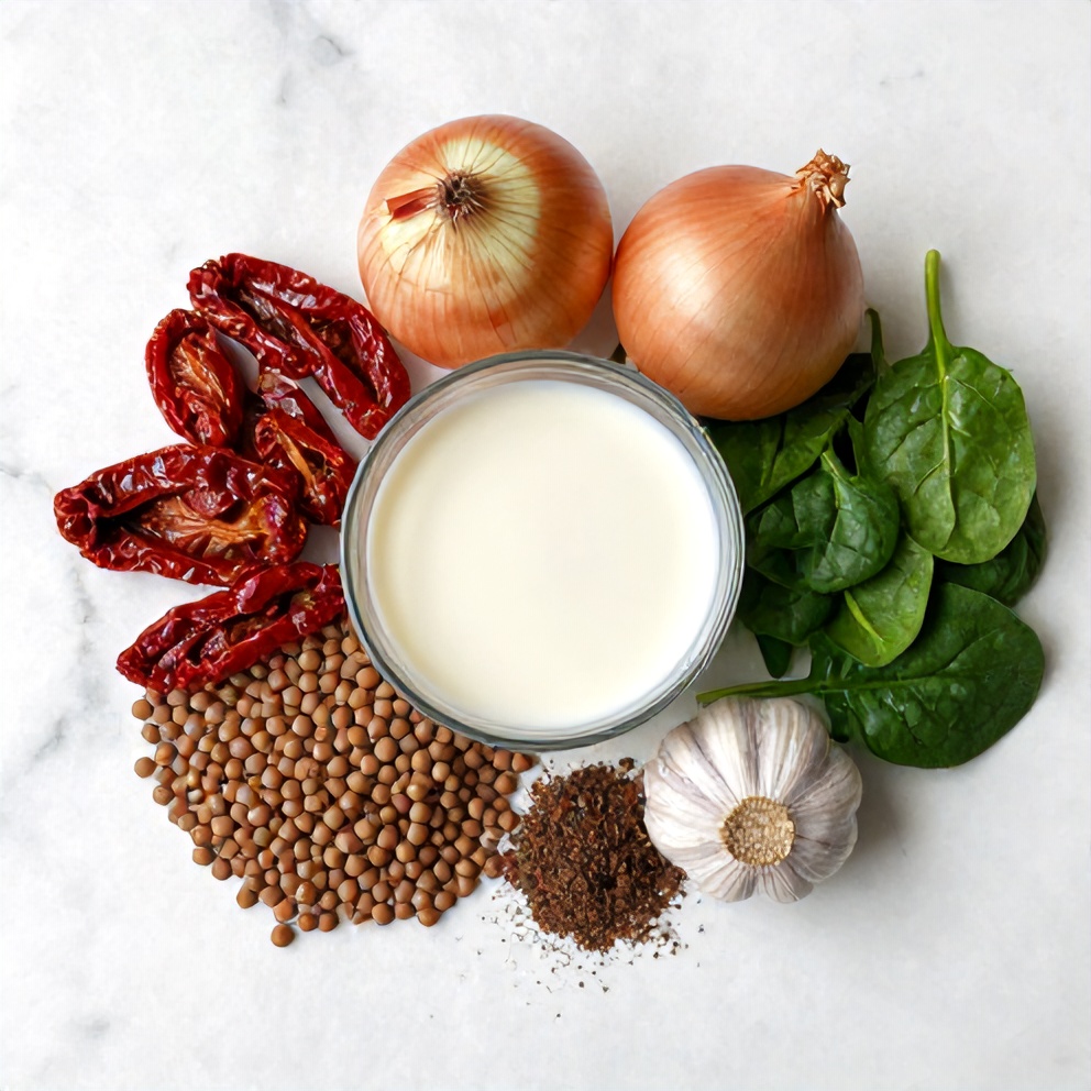 Raw ingredients for Creamy Sundried Tomato Lentils: lentils, sundried tomatoes, onion, garlic, spinach, coconut milk, and spices arranged on a marble surface