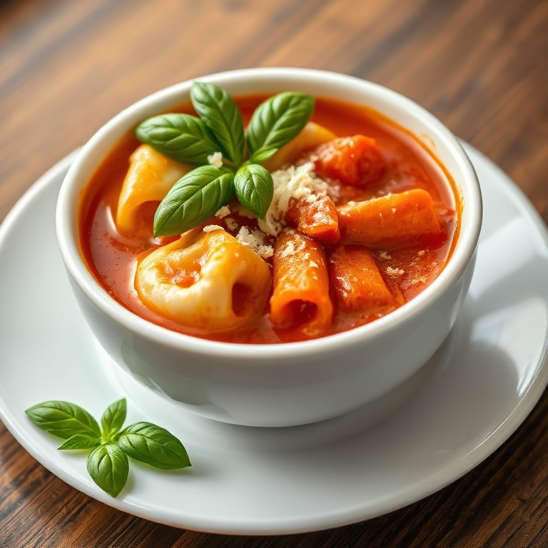A bowl of creamy tomato tortellini soup topped with fresh basil and a touch of grated cheese on a white ceramic plate.