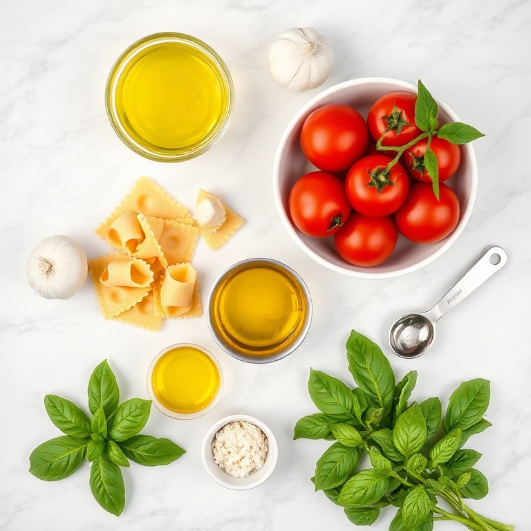 Fresh tomatoes, tortellini, garlic, olive oil, and fresh basil arranged in a flat lay on white marble.