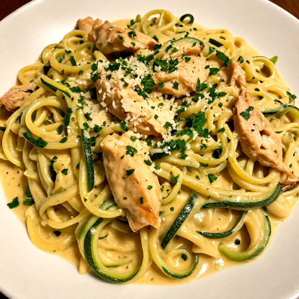 Plated Zucchini Noodle Chicken Alfredo with grated Parmesan