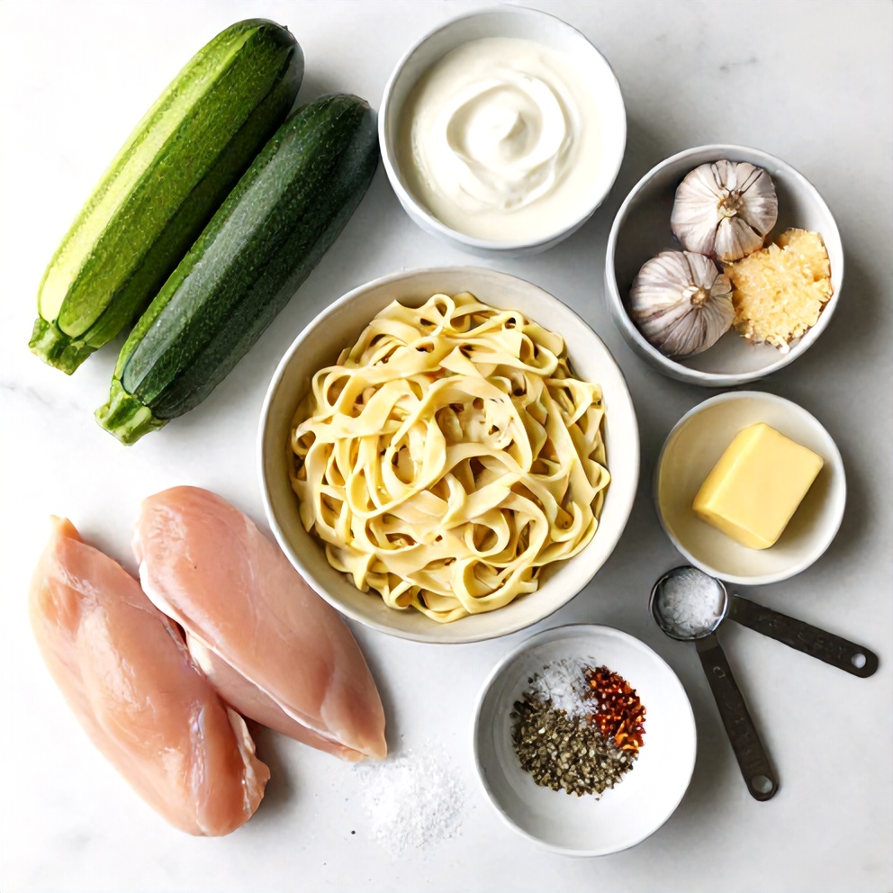 Raw ingredients for Zucchini Noodle Chicken Alfredo on a marble surface