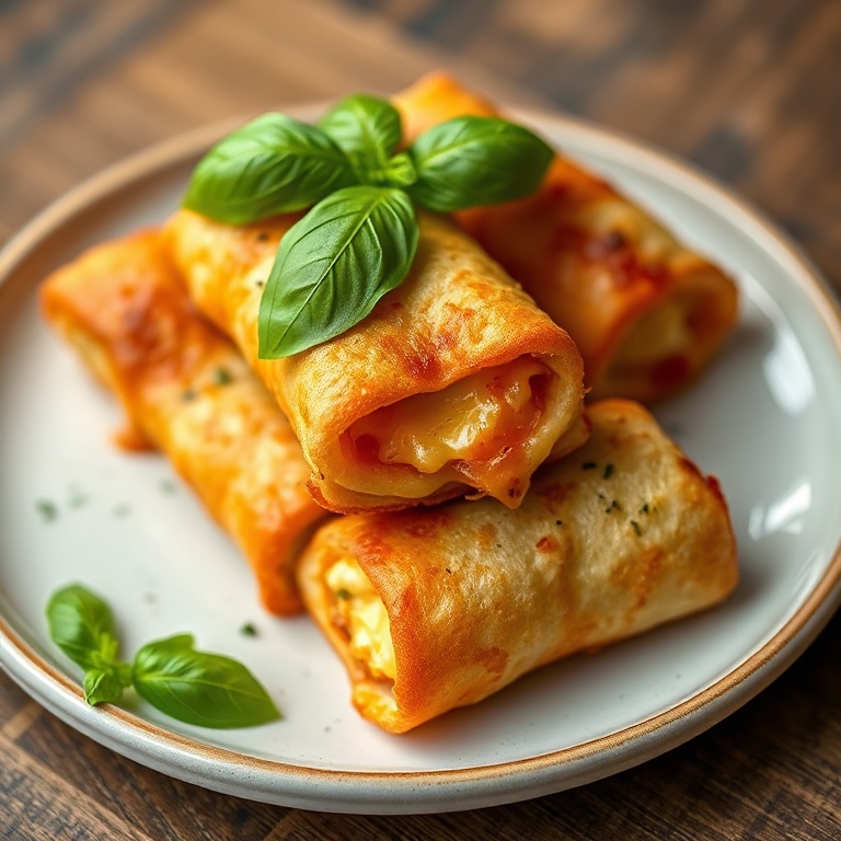 One perfect plated serving of Crispy Air Fryer Pizza Rolls. Topped with fresh basil. Close crop showing the golden crust and melty cheese.