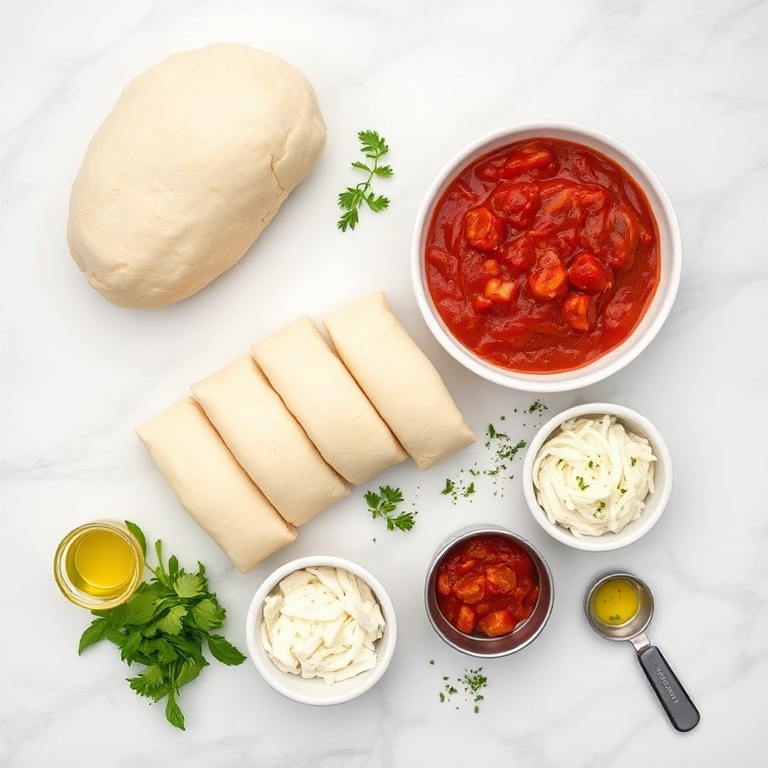 All raw ingredients for Crispy Air Fryer Pizza Rolls arranged in an overhead flat lay. Dough, marinara, mozzarella, pepperoni, and herbs visible. Measuring spoons and cups nearby.