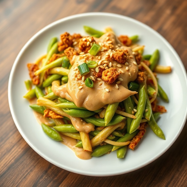 One perfect plated serving of Crispy Asian Edamame Salad with Peanut Dressing. Garnished with sesame seeds and green onions. Close crop, food fills 90% of frame. White ceramic plate. Warm side lighting highlighting texture. Photorealistic food photography, no text, no watermark.