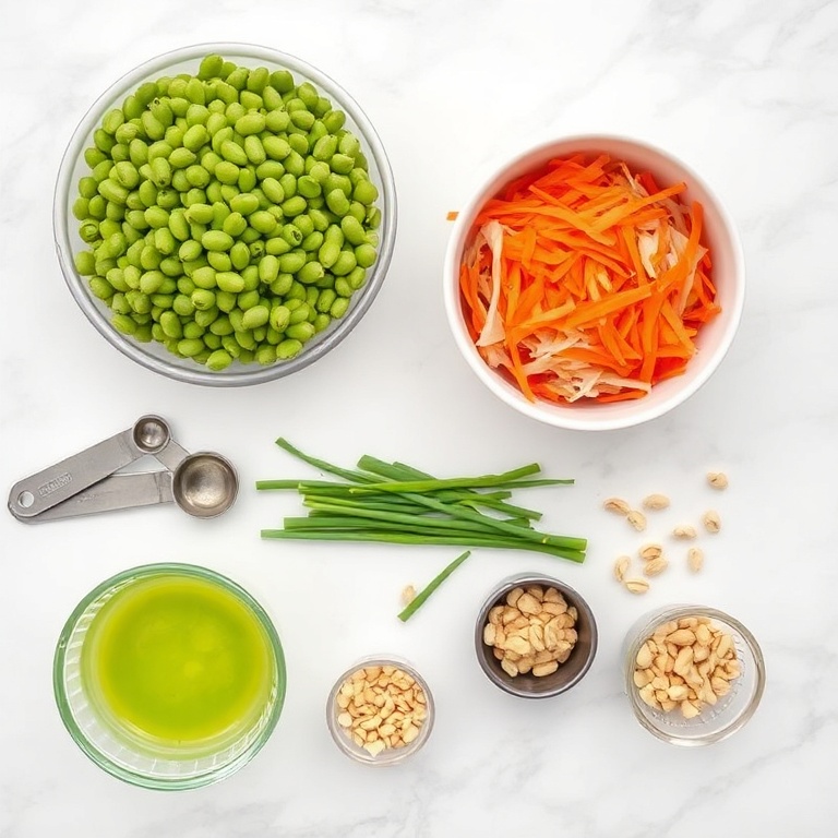 Overhead flat lay of raw ingredients for Crispy Asian Edamame Salad. Edamame, shredded carrots, cabbage, green onions, and peanuts visible. Small prep bowls, measuring spoons, and measuring cups present. White marble surface. Bright even natural light. Photorealistic overhead food photography, no text, no watermark.
