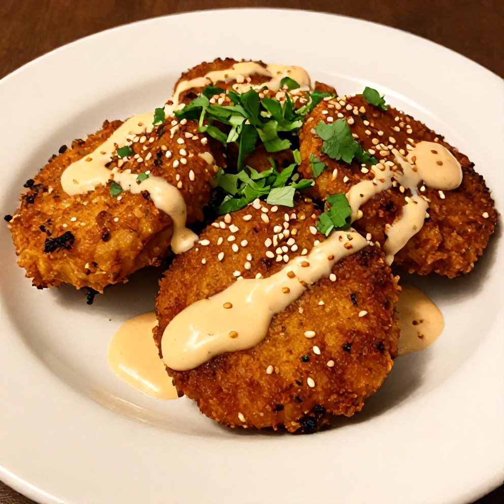Plated Crispy Asian Tuna Cakes with Spicy Sriracha Aioli