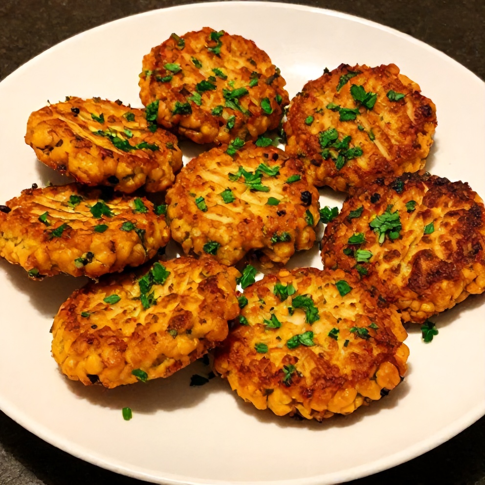 Plated crispy baked chickpea patties with fresh herbs