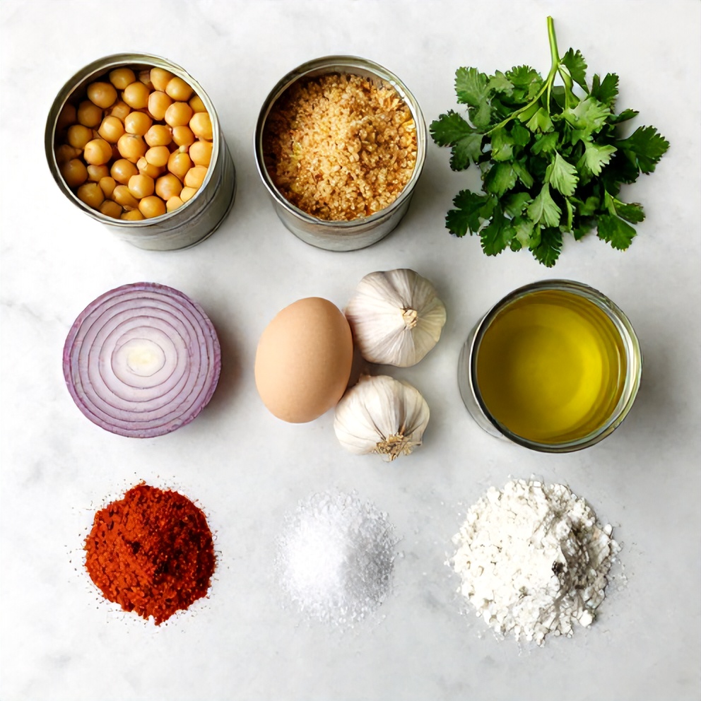 Chickpea patties ingredients on a marble counter