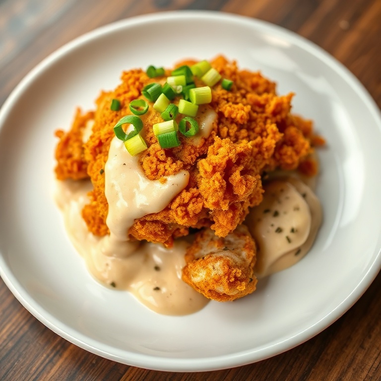 One serving of crispy bang bang chicken garnished with sliced green onion, on a white plate showing every crunchy bite.