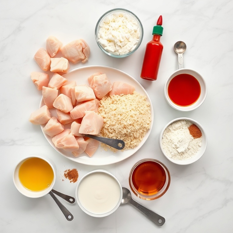 Overhead shot of raw chicken breast, cornstarch, panko breadcrumbs, mayonnaise, sriracha, all measured and arranged in bowls.