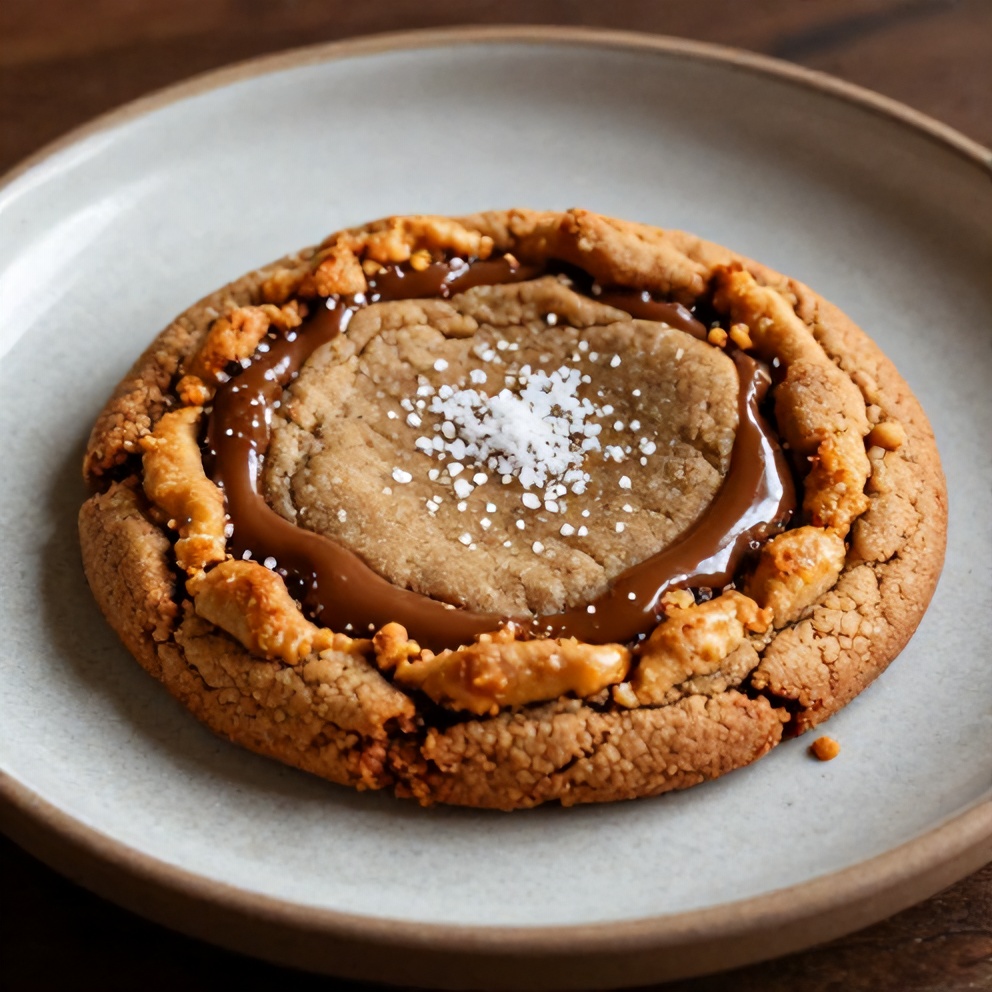 Plated Brown Butter Coffee Toffee Cookie with a sprinkle of sea salt on a rustic plate