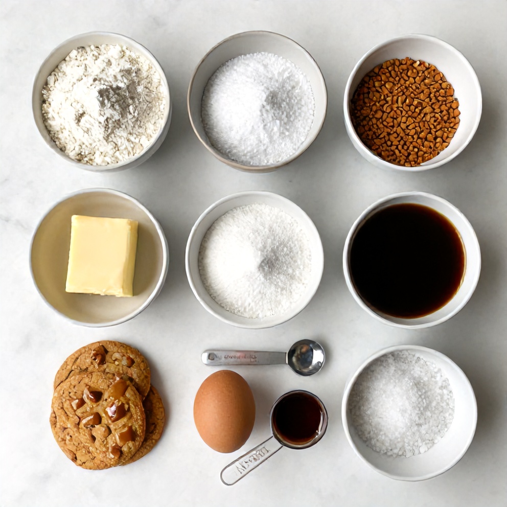 Raw ingredients for Brown Butter Coffee Toffee Cookies arranged on a white marble surface