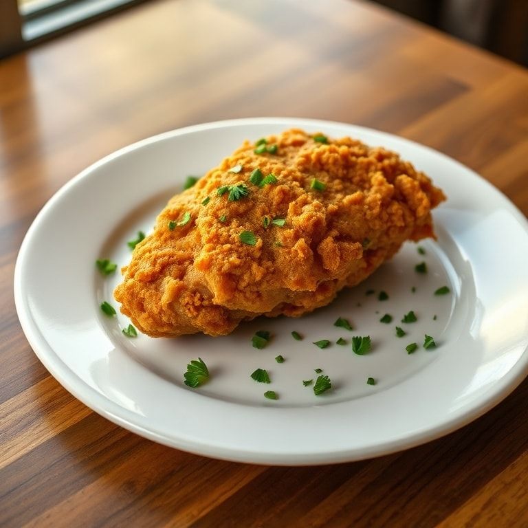 One plated serving of crispy buttermilk fried chicken on a white plate, topped with chopped parsley, close crop shows golden, crunchy texture