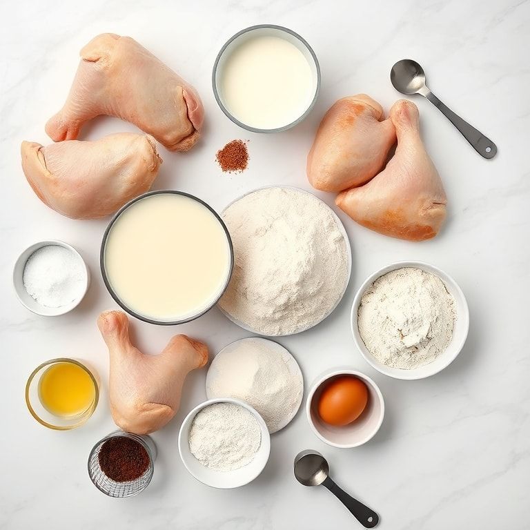 All raw ingredients for crispy buttermilk fried chicken arranged as flat lay, prominent: chicken pieces, buttermilk, flour, cayenne, and eggs