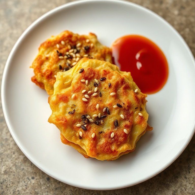 Crispy Cabbage Fritters plated with a sprinkle of sesame seeds and a side of spicy sauce. Close-up showing texture and garnish.