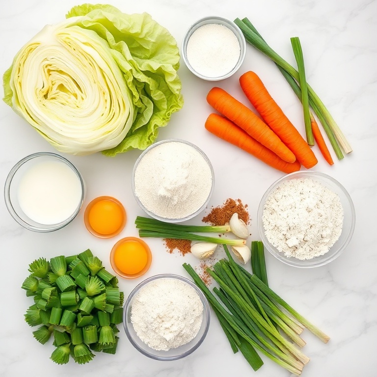 Raw ingredients for Crispy Cabbage Fritters. Cabbage, carrots, scallions, flour, eggs, garlic, and spices arranged in a flat lay. Measuring cups and bowls visible.