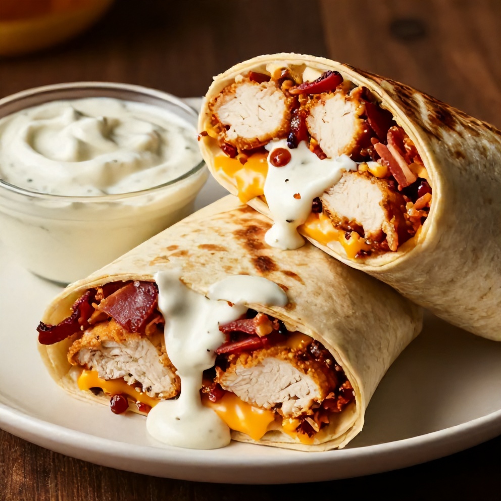 Chicken Bacon Ranch Wrap on a plate with a side of ranch dressing