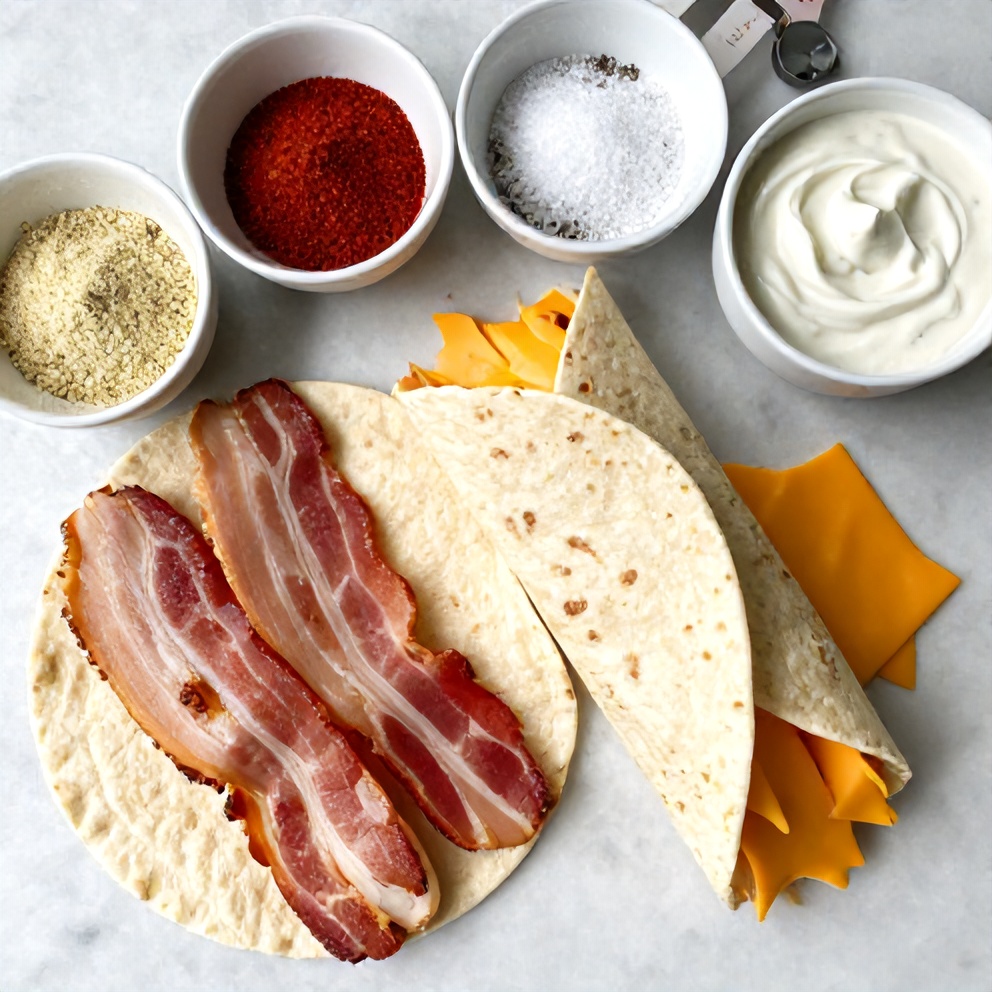 Raw ingredients for Chicken Bacon Ranch Wrap on a marble surface