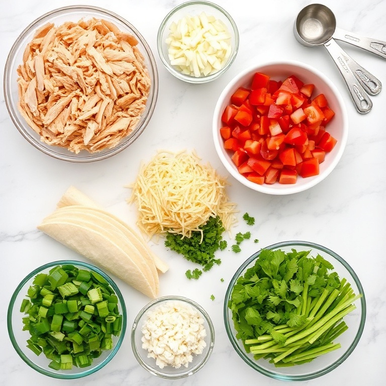 Raw ingredients for Chicken Enchilada Crunch Wraps: shredded chicken, flour tortillas, shredded cheese, diced tomatoes, chopped cilantro, and green onions arranged in a flat lay on white marble.