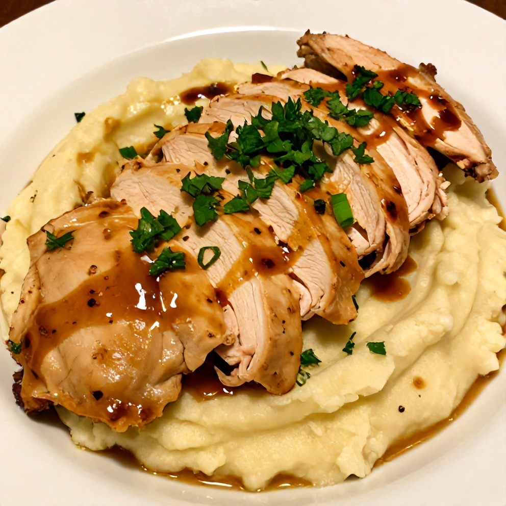 Plated serving of Crispy Chipotle Honey Chicken with Smoked Gouda Mashed Potatoes