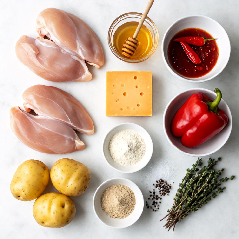 Raw ingredients for Crispy Chipotle Honey Chicken with Smoked Gouda Mashed Potatoes