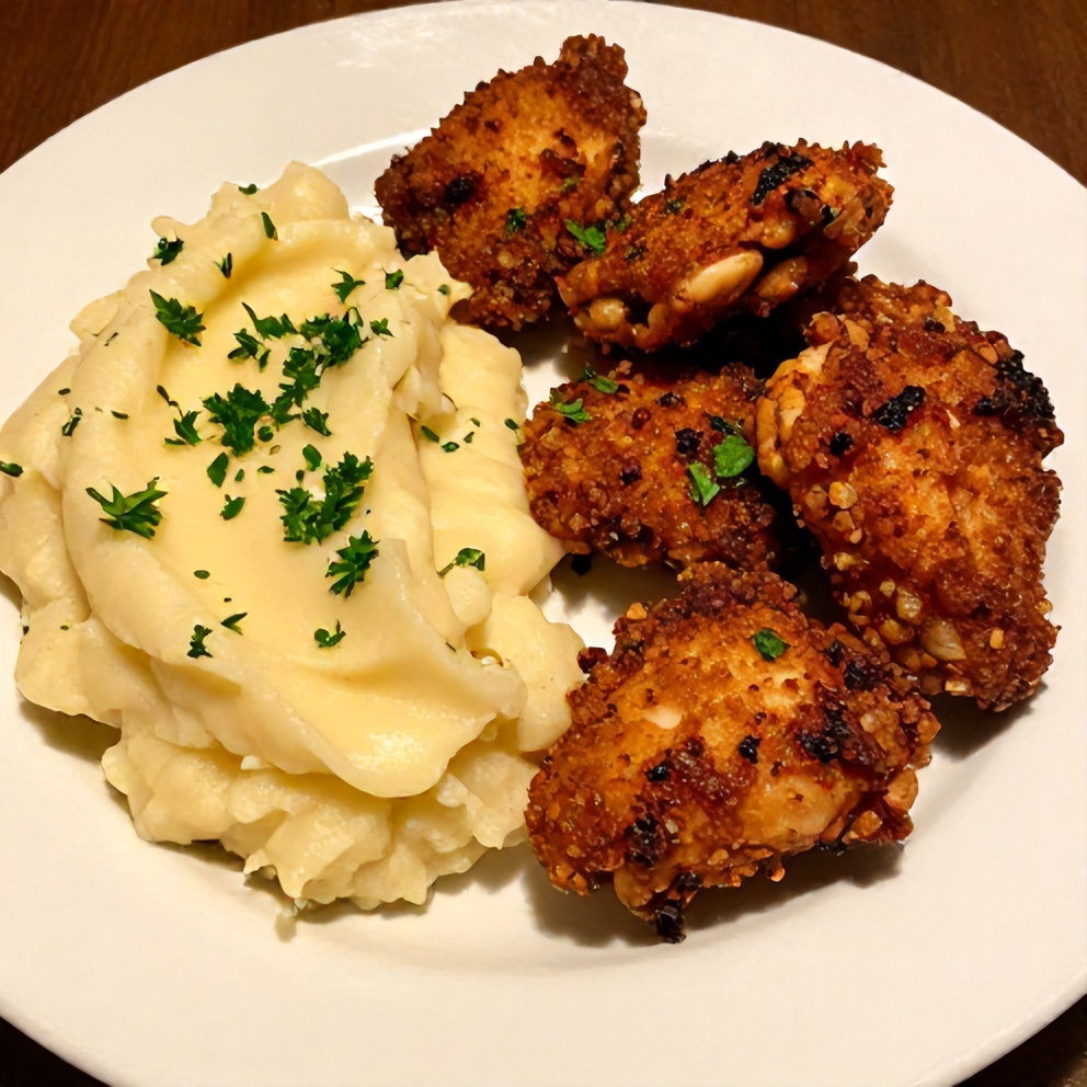 Crispy Chipotle Honey Chicken Thighs with Gouda Mashed Potatoes plated