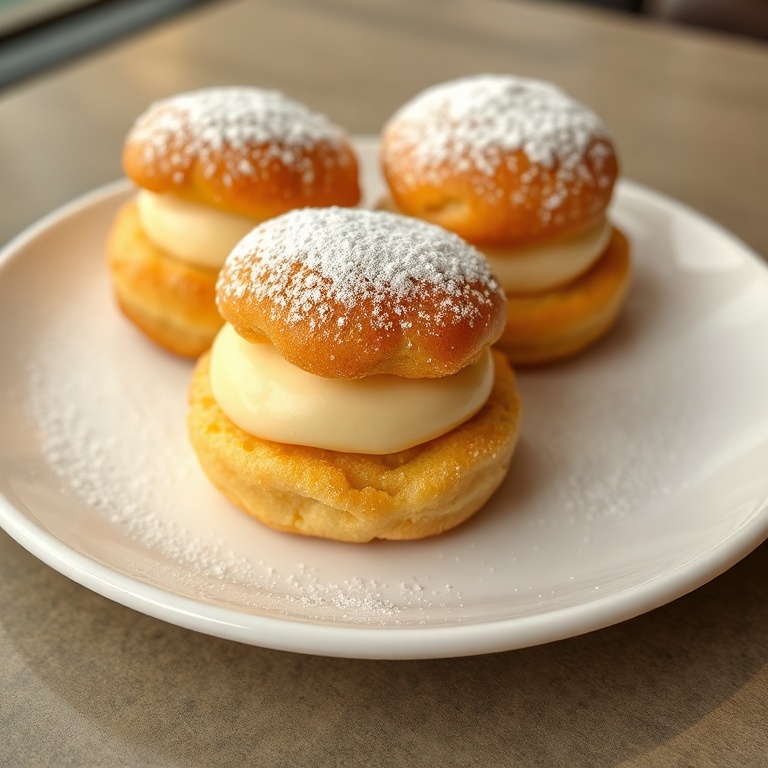 Crispy Cream Puffs plated on a white plate. Topped with a dusting of powdered sugar. Close crop showing the golden texture and creamy filling. Warm side light. Photorealistic food photography. No text. No watermark.