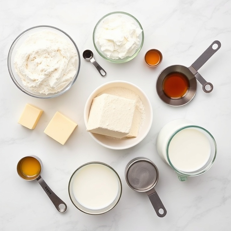 All ingredients for Crispy Cream Puffs. Flour, sugar, butter, eggs, milk, and vanilla extract. Measuring spoons and scales visible. White marble surface. Bright even light. Photorealistic overhead food photography. No text. No watermark.