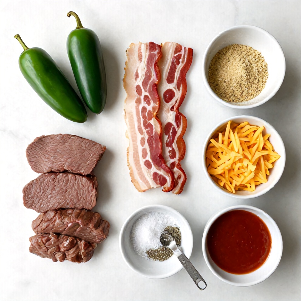 Raw ingredients for deer tenderloin jalapeño poppers on a marble surface