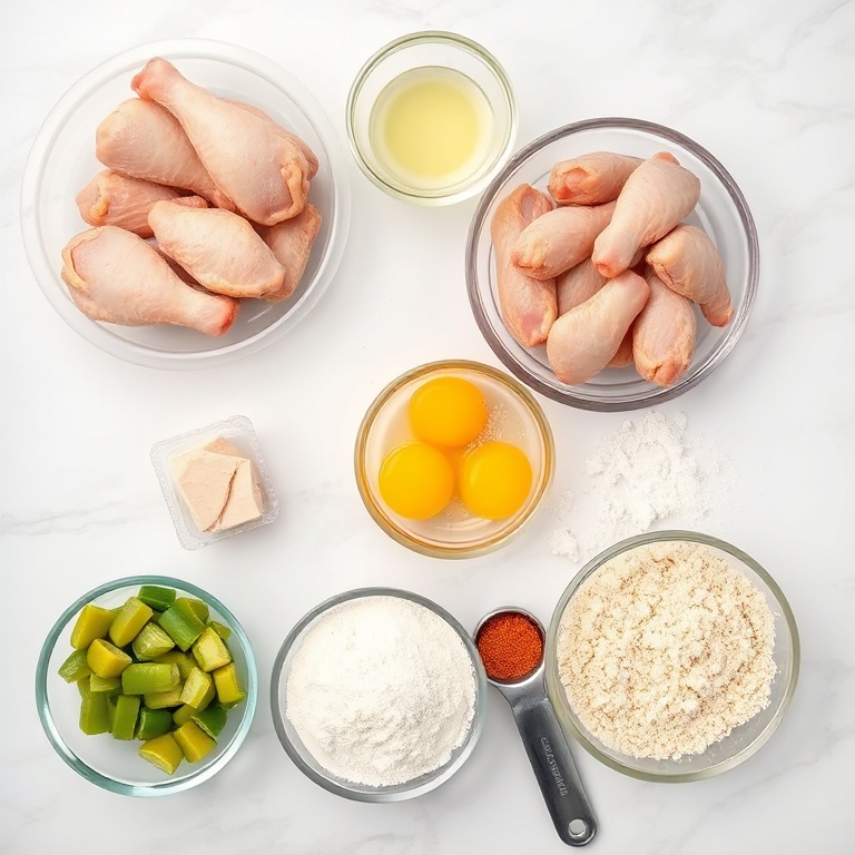 Chicken wings, dill pickles, flour, eggs, breadcrumbs, paprika, garlic powder, onion powder, salt, pepper.