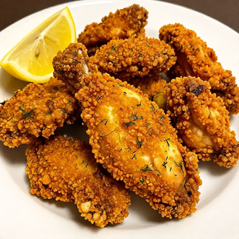 Plated Crispy Dill Pickle Parmesan Chicken with lemon wedge