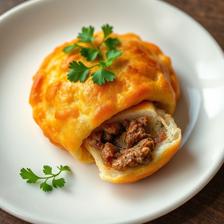One plate with halved crispy hawawshi, parsley garnish, on a white plate, warm light showing crunchy pita and juicy beef edges.