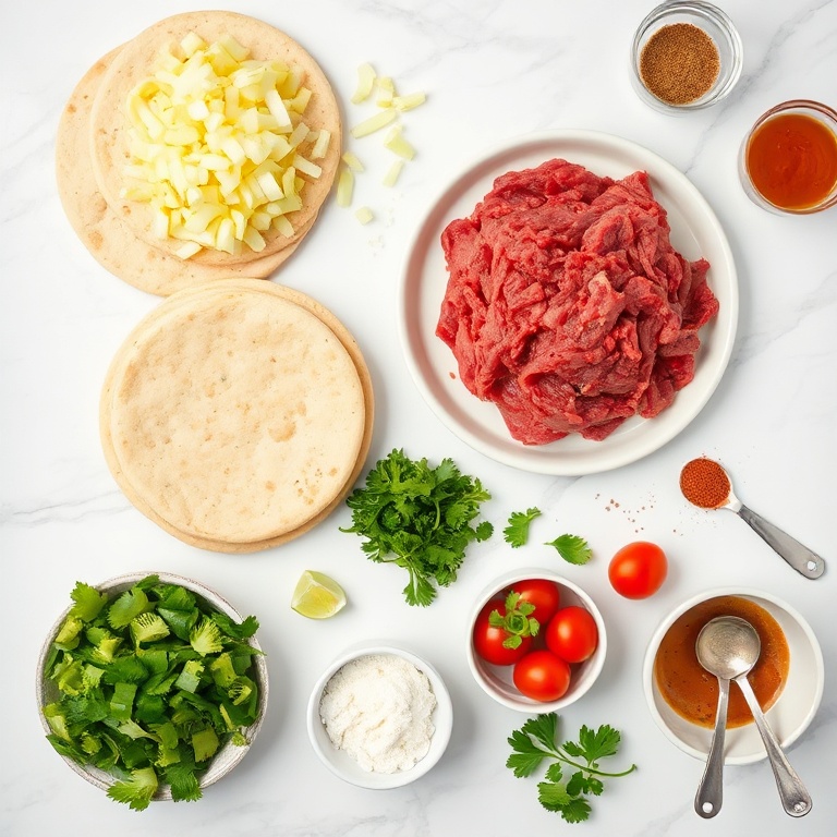 Overhead flat lay of ground beef, pita bread, onion, bell pepper, and parsley with prep bowls and measuring spoons on white marble.
